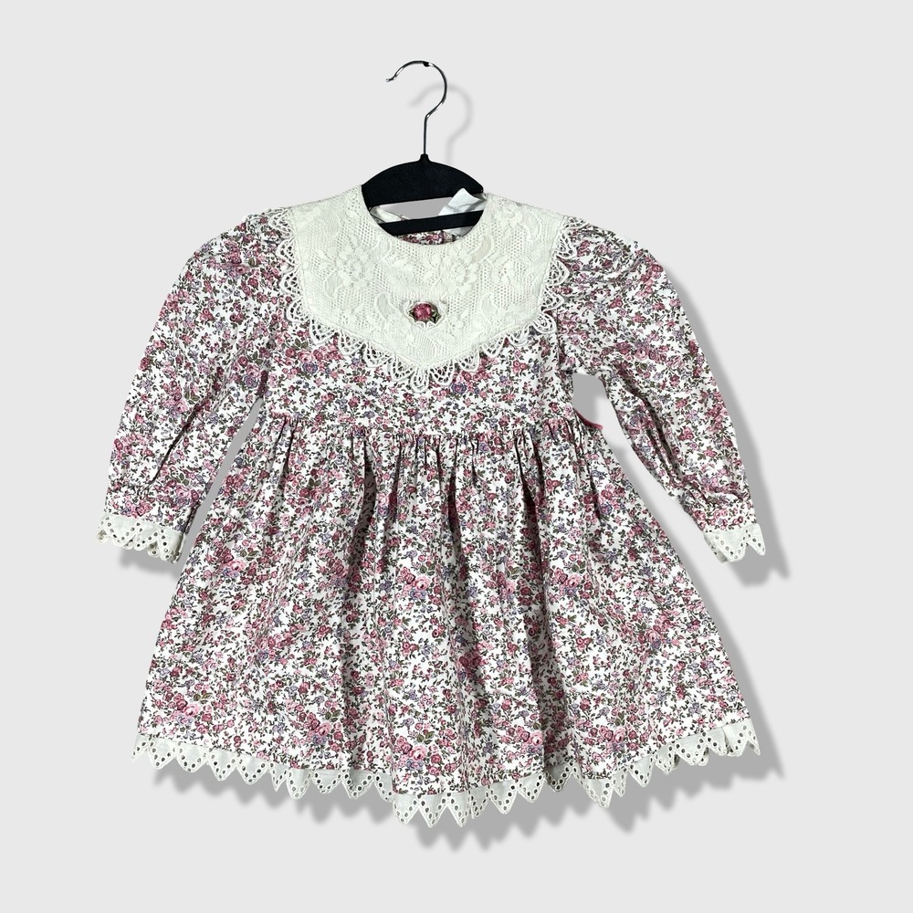 Bonnie Jean Floral Lace Dress Kids 3T Pink Cottagecore Vintage Prairie Cute 70s